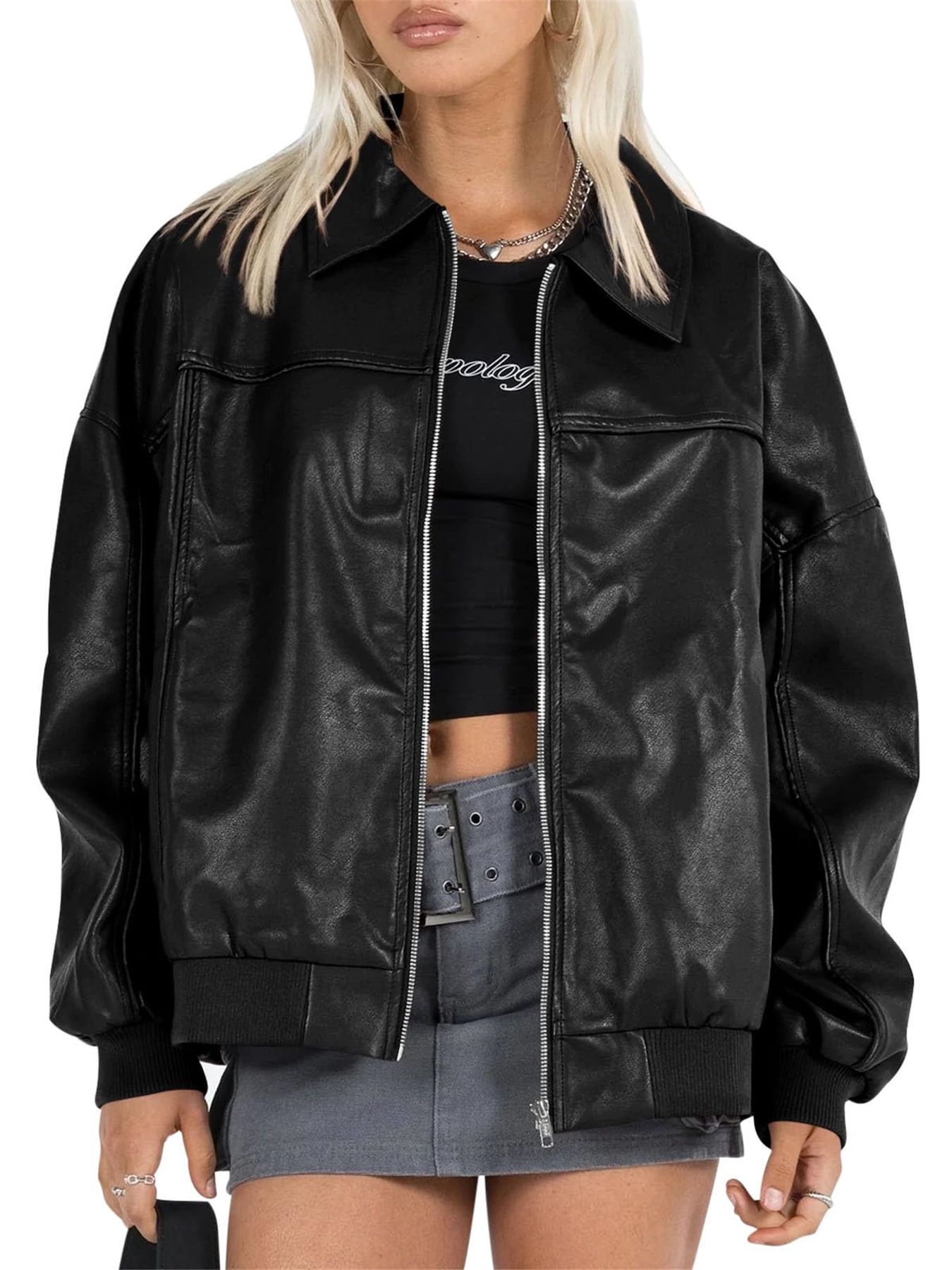Women Faux Leather Jackets Bomber Casual Zip Moto Biker Coat