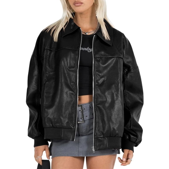 Women Faux Leather Jackets Bomber Casual Zip Moto Biker Coat