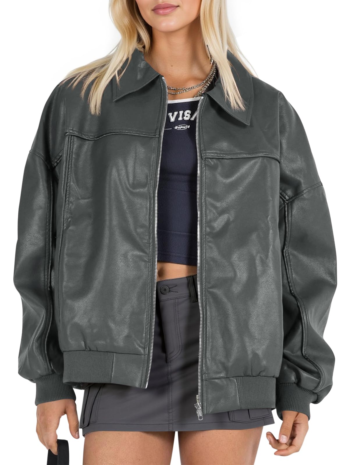 Women Faux Leather Jackets Bomber Casual Zip Moto Biker Coat