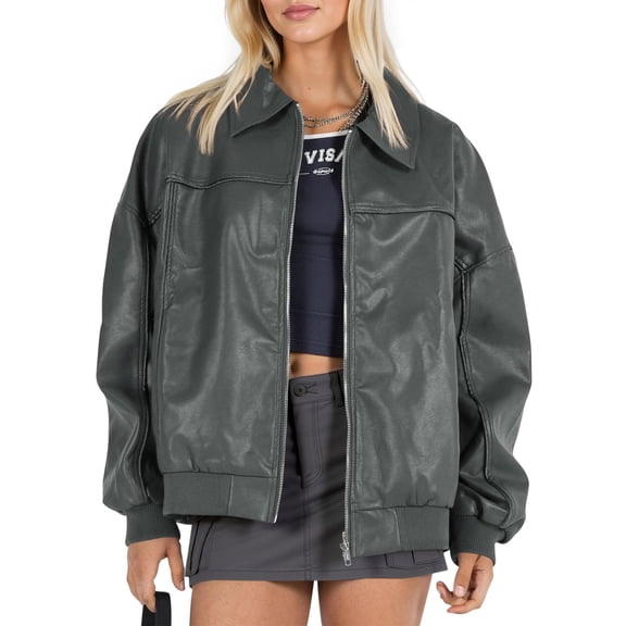 Women Faux Leather Jackets Bomber Casual Zip Moto Biker Coat