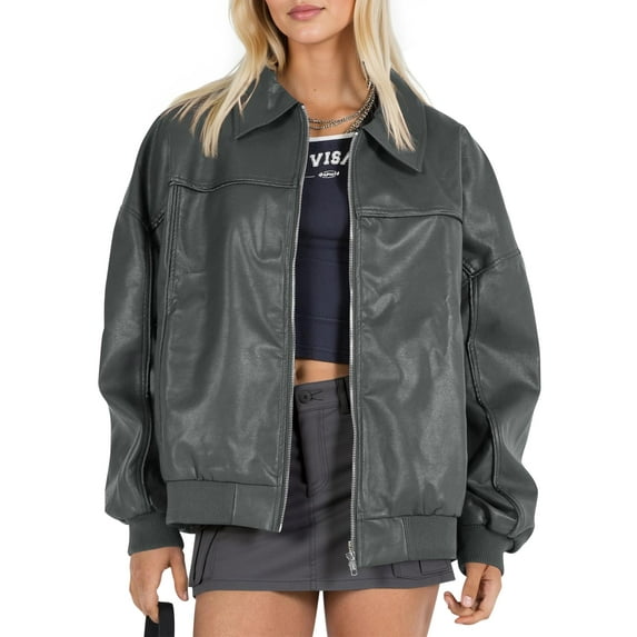 Women Faux Leather Jackets Bomber Casual Zip Moto Biker Coat