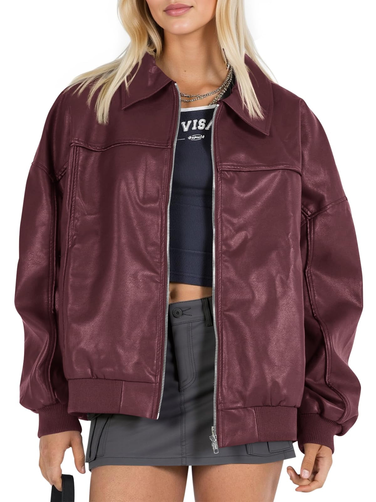 Women Faux Leather Jackets Bomber Casual Zip Moto Biker Coat