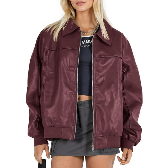 Women Faux Leather Jackets Bomber Casual Zip Moto Biker Coat
