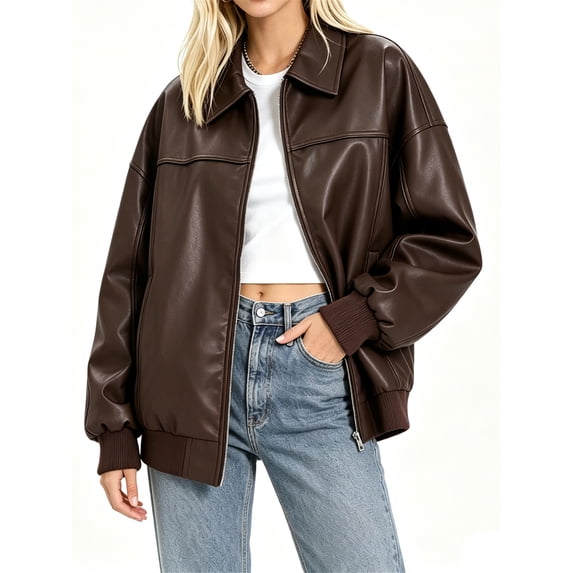 Women Faux Leather Jackets Bomber Casual PU Zip Motor Biker Coat