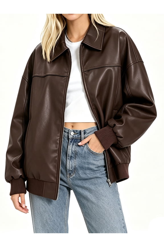 Women Faux Leather Jackets Bomber Casual PU Zip Motor Biker Coat