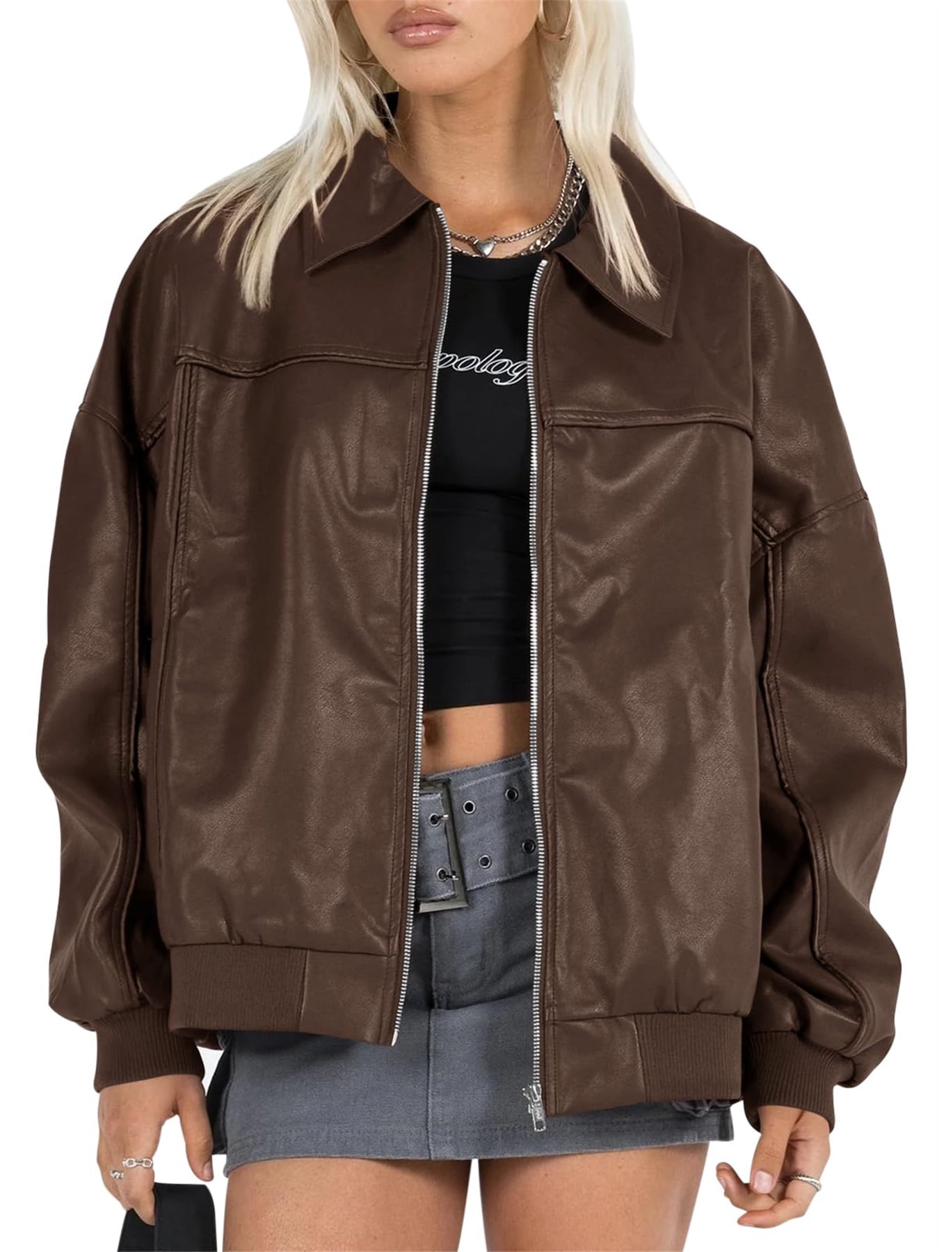 Women Faux Leather Jackets Bomber Casual Zip Moto Biker Coat