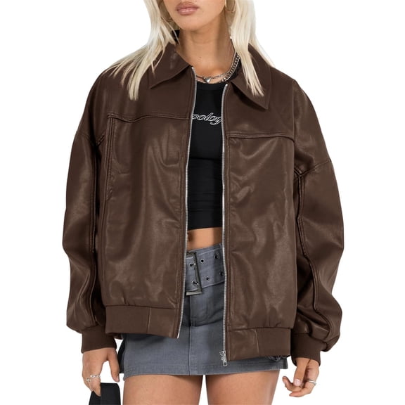 Women Faux Leather Jackets Bomber Casual Zip Moto Biker Coat
