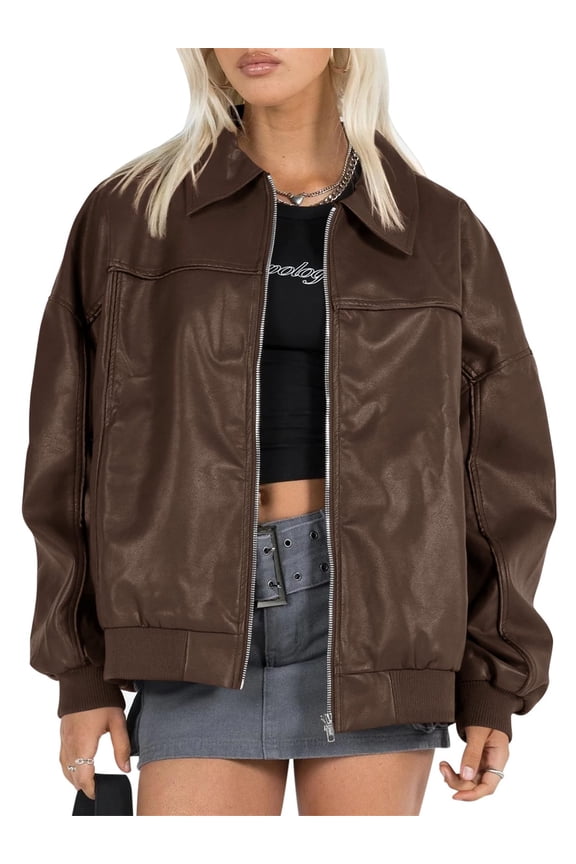 Women Faux Leather Jackets Bomber Casual Zip Moto Biker Coat