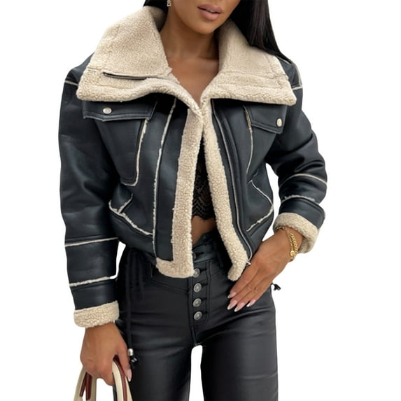 Women Faux Leather Jackets PU Short Thick Warm Outwear Suede Aviator Bomber Jackets Winter Fur Collar Moto Biker Coat