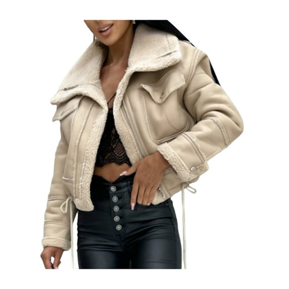 Women Faux Leather Jackets PU Short Thick Warm Outwear Suede Aviator Bomber Jackets Winter Fur Collar Moto Biker Coat