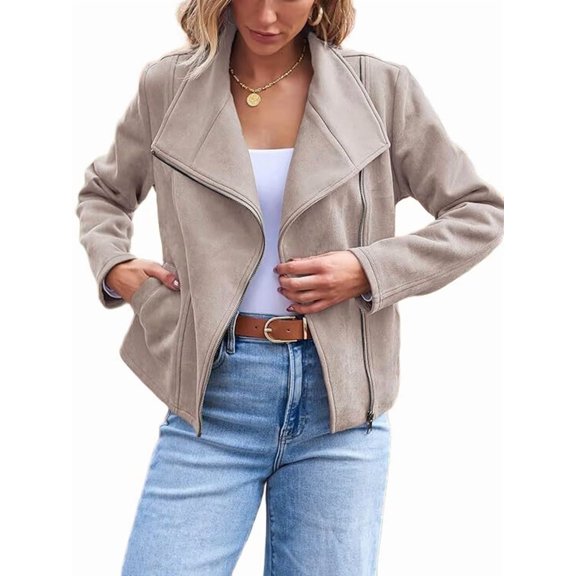 Women Faux Leather Jackets Suede Fall Fashion Outfits Winter Clothes Open Front Cropped Coat Outwear Apricot Color M