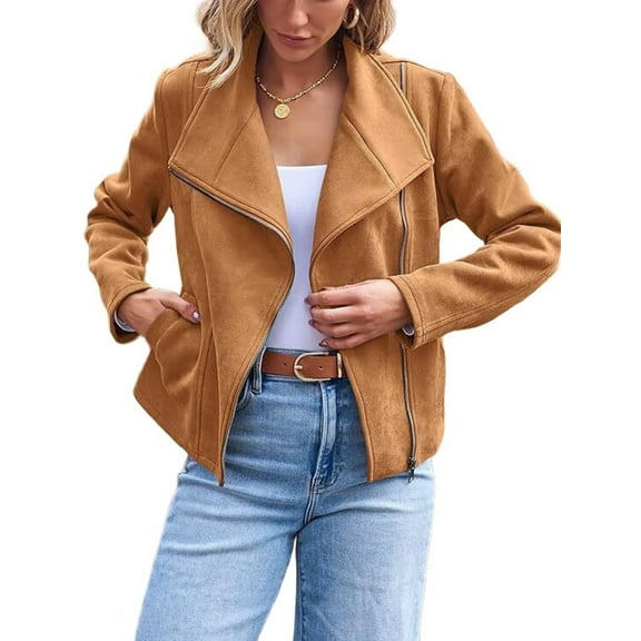 Women Faux Leather Jackets Suede Fall Fashion Outfits Winter Clothes Open Front Cropped Coat Outwear Brown XXL