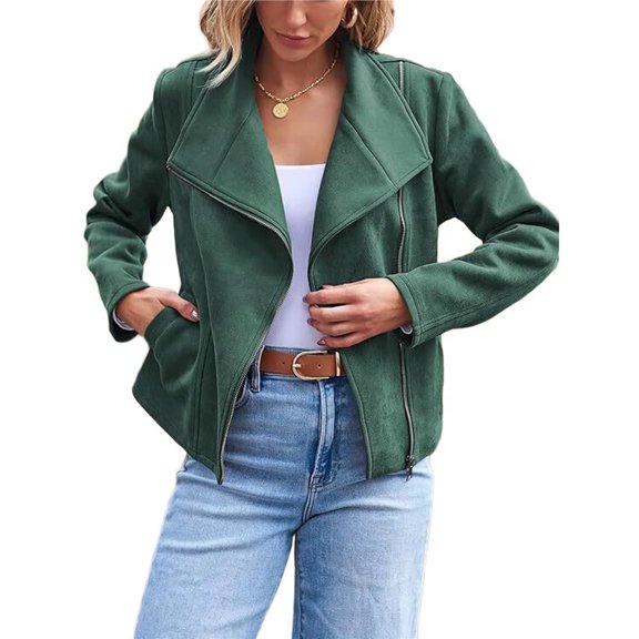 Women Faux Leather Jackets Suede Fall Fashion Outfits Winter Clothes Open Front Cropped Coat Outwear Green M