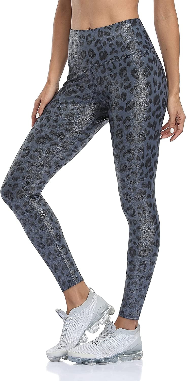 Women Faux Leather Leggings Leopard Print Liquid Shine Tummy Control Athletic Yoga Pants