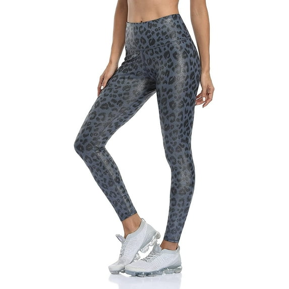 Women Faux Leather Leggings Leopard Print Liquid Shine Tummy Control Athletic Yoga Pants