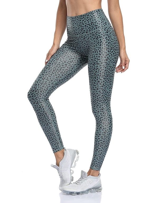Women Faux Leather Leggings Leopard Print Liquid Shine Tummy Control Athletic Yoga Pants