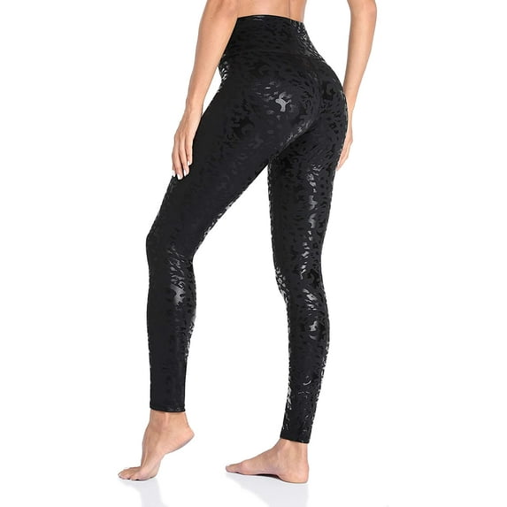 Women Faux Leather Leggings Leopard Print Liquid Shine Tummy Control Athletic Yoga Pants