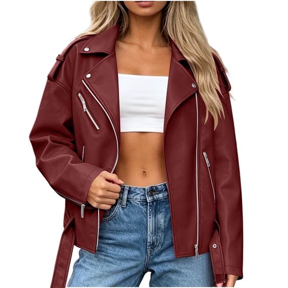 Women Faux Leather Moto Jacket, Asymmetric Zip Biker Coat, Lapel Collar Belt Hem Long Sleeve Oversized Casual Fashion Outerwear with Multiple Zipper Pockets Wine,XXXL