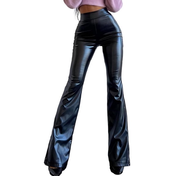 Women Faux Leather Pants PU High Waist Straight Leg Pant with Pockets Leather Leggings Bell Bottom Flare Pants