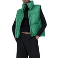 thumbnail image 1 of Women Faux Leather Puffer Vest Stand Collar Sleeveless Padded Waistcoat Zip-Up Button Quilted Jacket Warm Outerwear, 1 of 3
