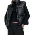 thumbnail image 1 of Women Faux Leather Puffer Vest Stand Collar Sleeveless Padded Waistcoat Zip-Up Button Quilted Jacket Warm Outerwear, 1 of 7