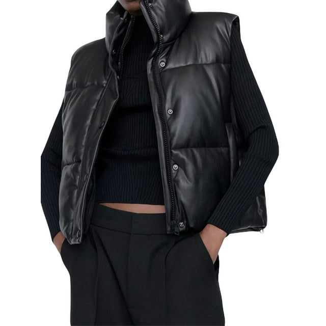 Women Faux Leather Puffer Vest Stand Collar Sleeveless Padded Waistcoat Zip-Up Button Quilted Jacket Warm Outerwear