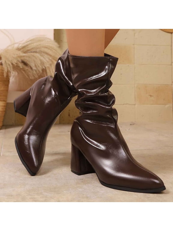 Women Faux Leather Slouch Ankle Boots Pointed Toe Chunky Block Heel Side Zipper Dress Booties Brown 7.5