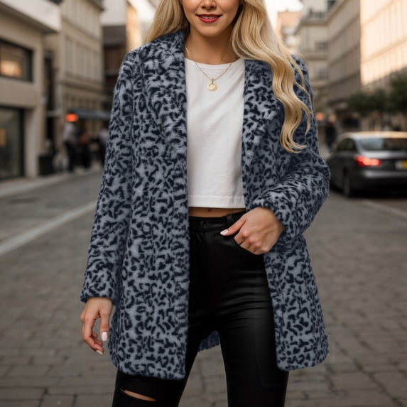 Women Faux Leopard Print Furry Coat with Pockets Autumn Winter Warm Loose Fit Cardigan Outerwear Shaggy Jacket
