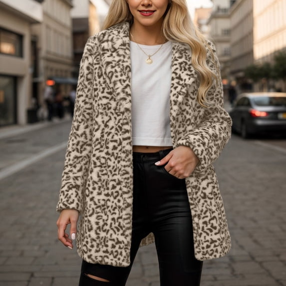 Women Leopard Print Furry Coat with Pockets Autumn Winter Warm Loose Fit Cardigan Outerwear Shaggy Jacket