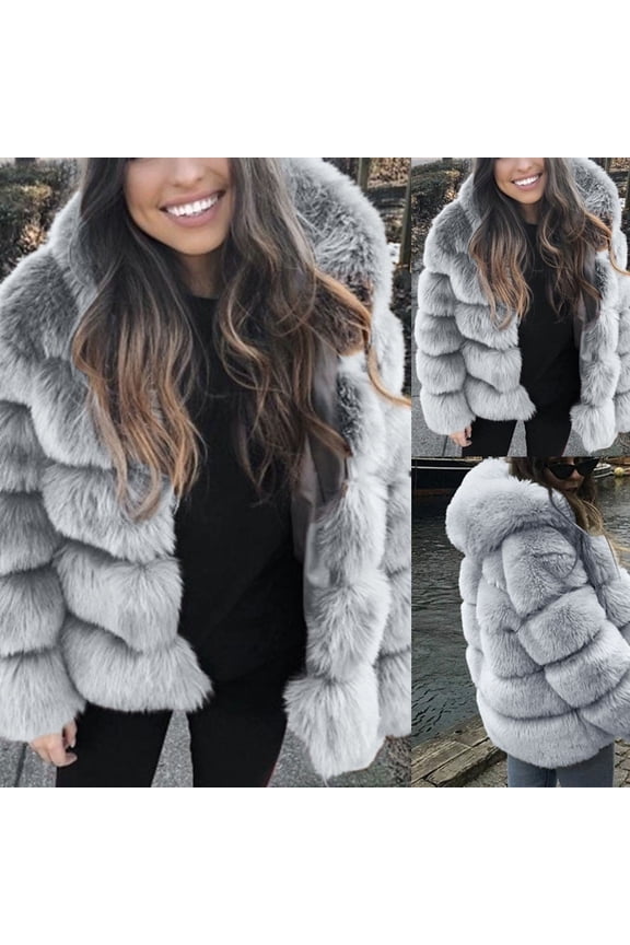 Women Faux Mink Winter Hooded New Faux Jacket Warm Thick Outerwear with Fox Fur Trim, in Gray, Size XXL