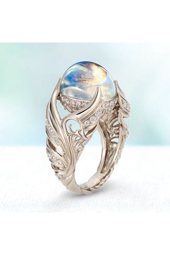 Women Faux Moonstone Rhinestone Inlaid Wing Finger Ring Wedding Jewelry Gift