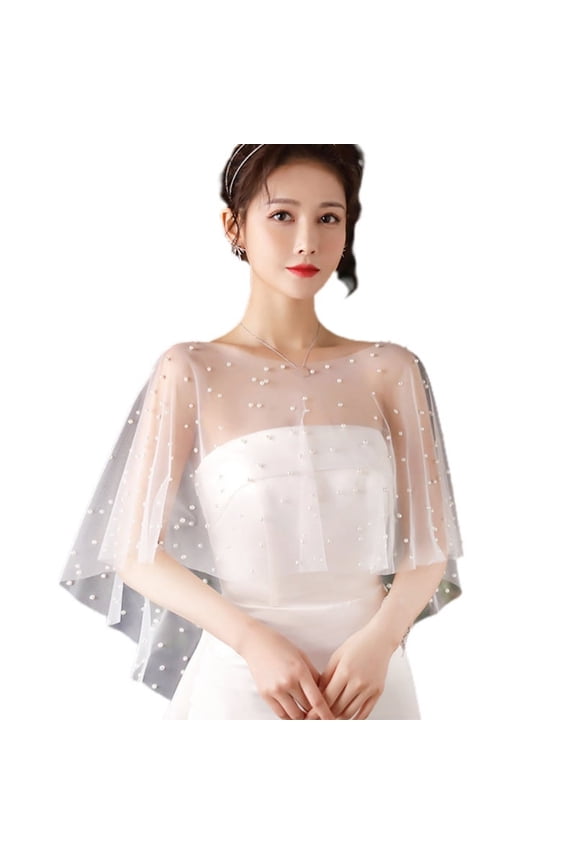 Women Faux Pearl Beading Shawl Wrap Shrug Bridal Cape Wedding Bolero Cover Up