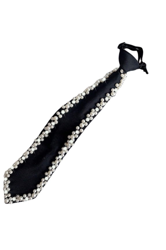 Women Faux Pearl Bow Tie, Black Silk Necktie, Adjustable Pre-tied Neck Tie with Rhinestones, Formal Wear for Women (Black)