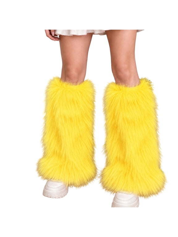 Women Faux Plush Fuzzy Leg Warmers JK Style Slouchy Calf Sock Covers Thick Warm Mid Calf Leg Warmers for Party Daily Wear Yellow