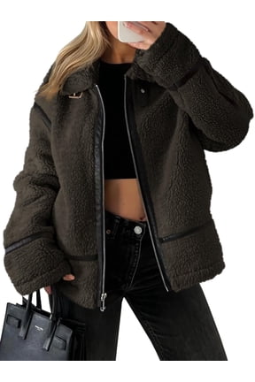 Women Faux Shearling Moto Jacket, Contrast Leather Stripe Zip Up Lapel Oversized Winter Teddy Coat