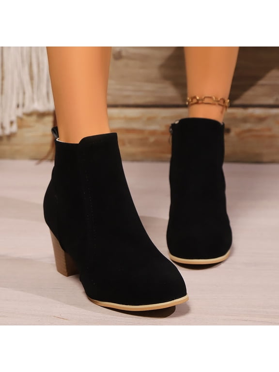 Women Faux Suede Ankle Booties, Round Toe Block Heel Short Boots with Side Zipper, Comfort Chunky Heel Boots