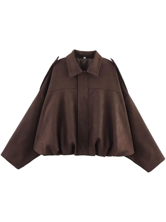 Women's Cropped Faux Suede Bomber Jacket, Oversized Zip-Up Lapel Casual Fall Winter Jacket, Coffee, M