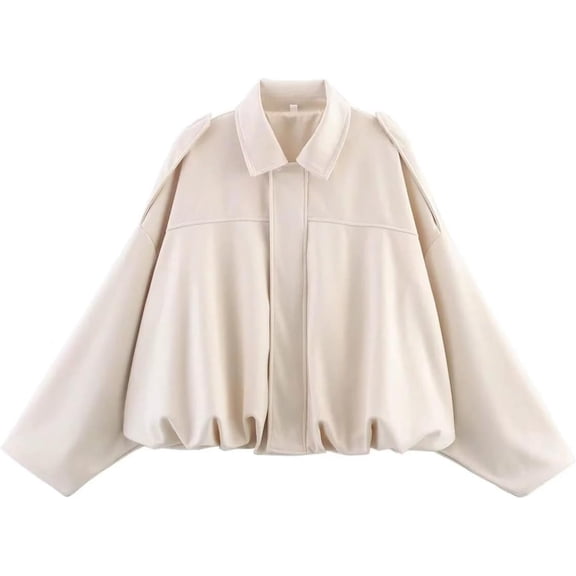 Women's Cropped Faux Suede Bomber Jacket, Oversized Zip-Up Lapel Casual Fall Winter Jacket, Beige,S