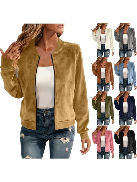 Women Faux Suede Bomber Jacket Sevevn Long Sleeve Zip Up Raglan Sleeve Cropped Casual Outerwear for Everyday Street Wear
