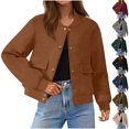thumbnail image 1 of Women Faux Suede Bomber Jacket Sevevn Stand Collar Button Front Flap Pockets Cropped Long Sleeve Casual Outerwear for Daily Street Fall Spring, 1 of 9
