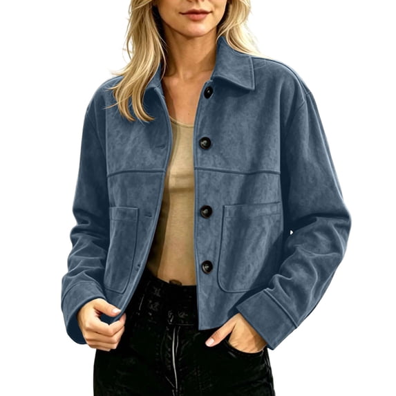 Women Faux Suede Cropped Jacket, Lapel Collar Button Down Short Coat with Lined, Casual Street Trucker Outerwear S‑XXL Light Blue M(M)