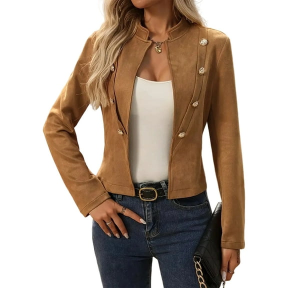 Women Faux Suede Double Breasted Coats Fall Long Sleeve Jackets Vintage Solid Color Moto Coats Khaki L