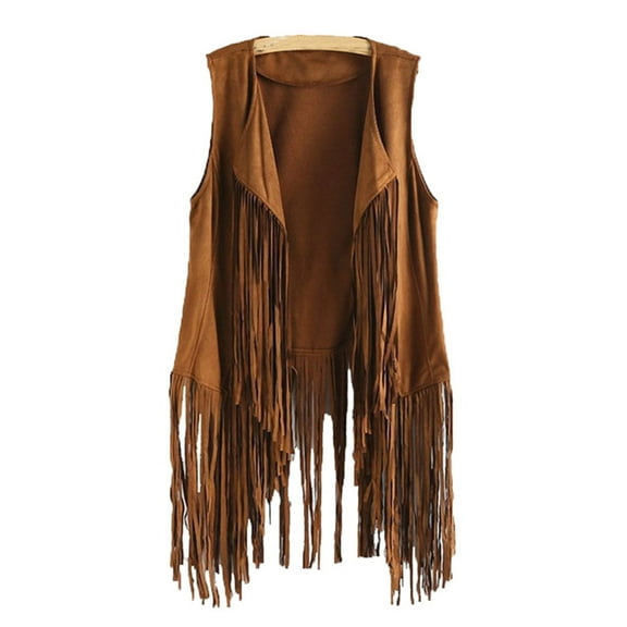 Women Faux Suede Ethnic Sleeveless Jacket Long Fringe Tassels 70s Hippie Open Front Cardigan Vintage Cowgirl Waistcoat Vest Outwear Tops