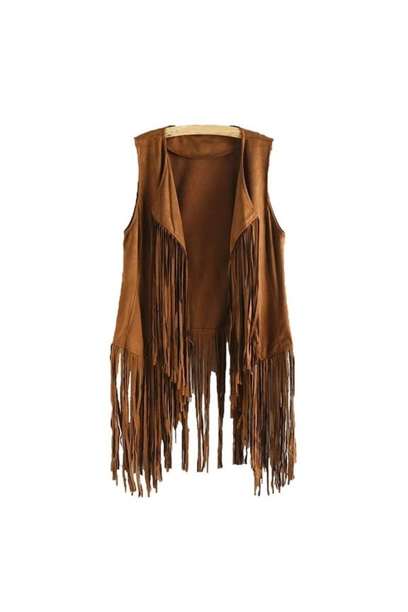 Women Faux Suede Ethnic Sleeveless Jacket Long Fringe Tassels 70s Hippie Open Front Cardigan Vintage Cowgirl Waistcoat Vest Outwear Tops