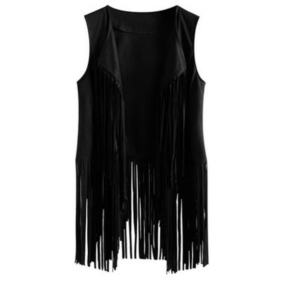 Women Faux Suede Ethnic Sleeveless Jacket Long Fringe Tassels 70s Hippie Open Front Cardigan Vintage Cowgirl Waistcoat Vest Outwear Tops