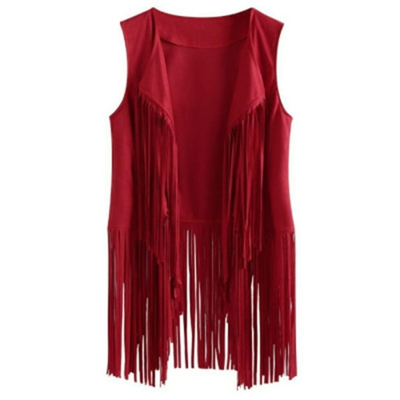 Women Faux Suede Ethnic Sleeveless Jacket Long Fringe Tassels 70s Hippie Open Front Cardigan Vintage Waistcoat Vest Top