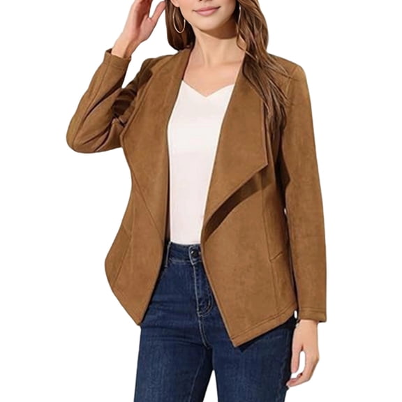 Women Faux Suede Jacket Lapel Draped Open Front Cardigan Casual Trendy Suede Blazer Camel Color XXL