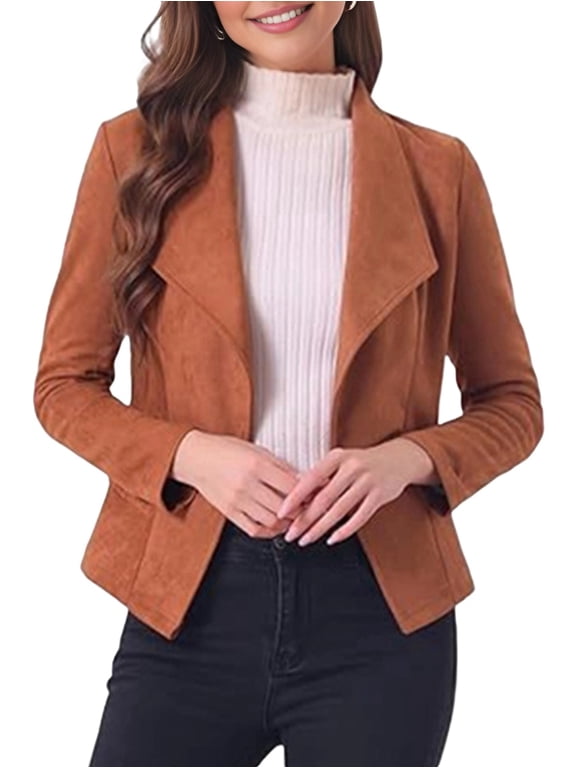 Women Faux Suede Jacket Lapel Draped Open Front Cardigan Casual Trendy Suede Blazer Orange L