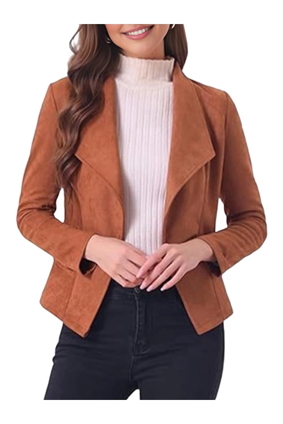 Women Faux Suede Jacket Lapel Draped Open Front Cardigan Casual Trendy Suede Blazer Orange M