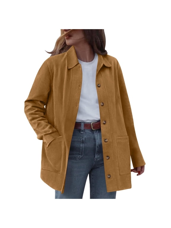 Women Faux Suede Jacket Long Sleeve Button Down Leather Jackets Fall Winter Fashion Coats Shackets Outerwear with Pockets